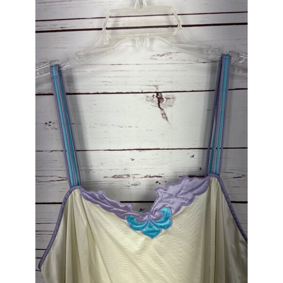 Vintage 60s Vanity Fair Ivory With Purple Blue Straps Long XL Nightie Embroidere - Picture 5 of 7